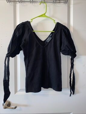 Maeve by Anthropologie Black Puff Sleeve Ribbed Top - Size XS